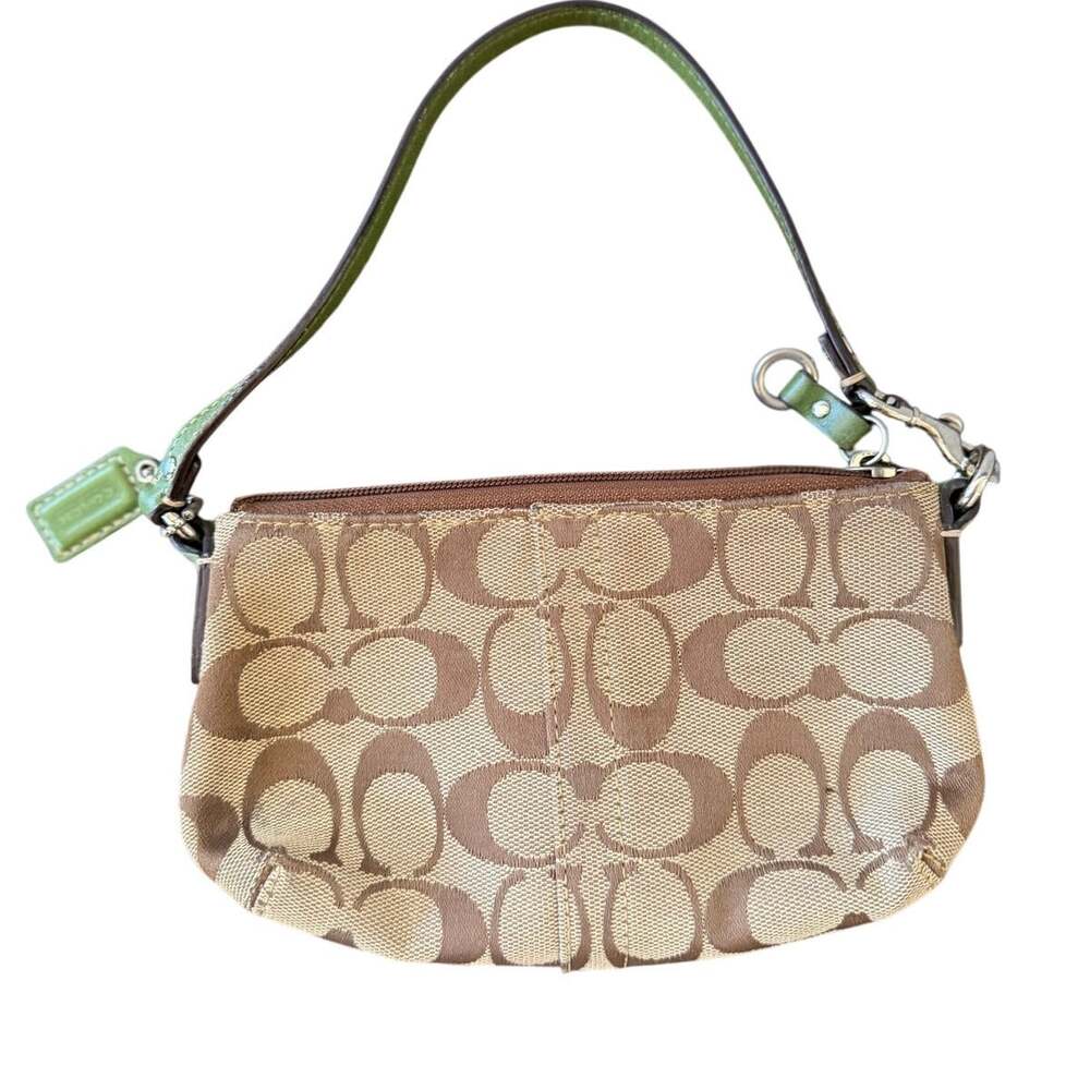 Coach Signature Tan & Green Leather Zip Closure Mini Wristlet Y2K Vintage